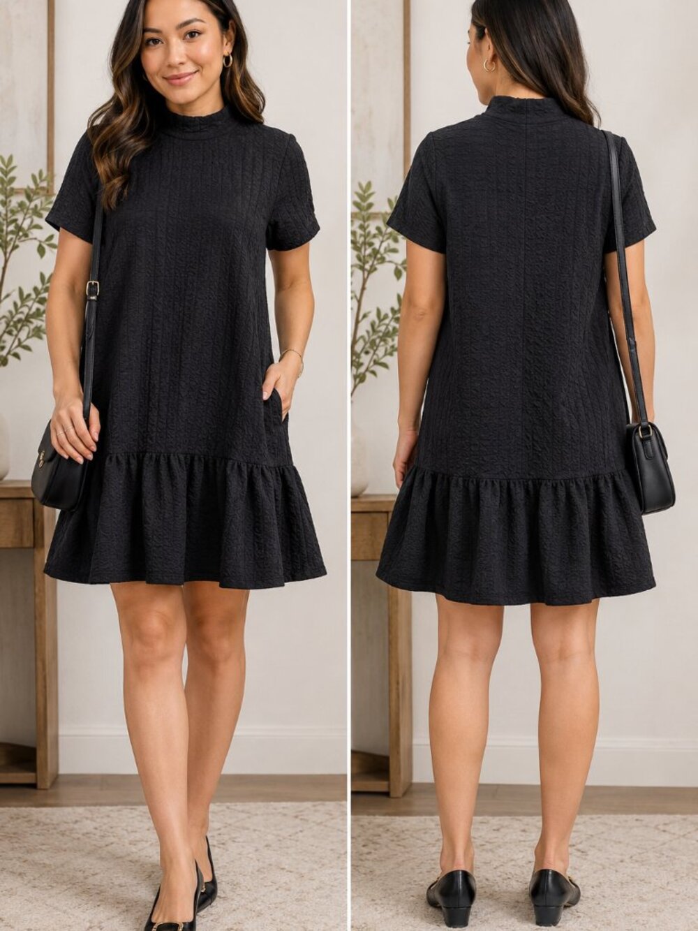 Zara Black Textured Mock Neck Drop Waist Dress Size Small